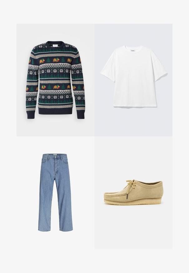 Mørkeblå strikket sweater med et helligdomsmønster med bjørne, træer og snefnug i grøn, brun og hvid. Ribbet manchetter og kant.; Hvid oversized t-shirt med korte ærmer og rund halsudskæring med sænkede skuldre, fladt lagt på lys grå baggrund.; Lyseblå denimjeans med en afslappet pasform, der har høj talje, vide ben og fem lomme-design. Stoffet har en blød tekstur.; Beige suedestøvle med snørebåndsdesign, syede detaljer og gummisål. Formen er afslappet med en let hæl.