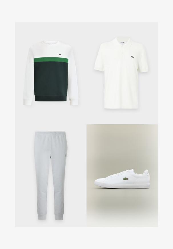 Sweat-shirt avec le haut et les manches blancs, la partie inférieure vert foncé, et une bande horizontale verte sur la poitrine avec un petit logo crocodile.; Polo-shirt blanc en coton lisse avec un col classique, patte de boutonnage à trois boutons et un petit logo crocodile vert sur la poitrine.; Pantalon de survêtement gris clair en tissu doux, doté d'une taille élastique, de jambes fuselées et d'un petit écusson logo sur le côté.; Baskets blanches en cuir avec une semelle en caoutchouc texturé, arborant un logo crocodile brodé vert sur le côté et un branding minimal.
