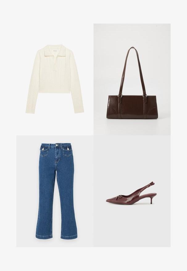 Afskåret sweater i creme, med et kabelstrikket mønster, bred krave og ribbede manchetter. Lavet af blødt, tekstureret stof.; Højtaljede, vidde blå jeans i denim med syninger, to forlommer og lukning med knap. Blød tekstur, standard længde.; Bordeaux læder slingback hæl med spidse tå, justerbar rem og dekorativ sløjfedetalje foran. 7,5 cm hælhøjde.; Brun lakeret håndtaske med rektangulær form, to lange håndtag og subtile buede detaljer på fronten.