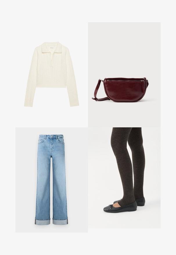Afskåret sweater i creme, med et kabelstrikket mønster, bred krave og ribbede manchetter. Lavet af blødt, tekstureret stof.; Lyseblå, vide jeans i klassisk denim med høj talje, prydet med opbrettede kanter og synlig søm.; Ben iført mørke ribbede leggings kombineret med sorte balletsko med små sløjfedetaljer på hvid baggrund.; Vinrød læderhåndtaske med halvmåneform, lynlås og aftagelig rem. Glat tekstur med en subtil glans.