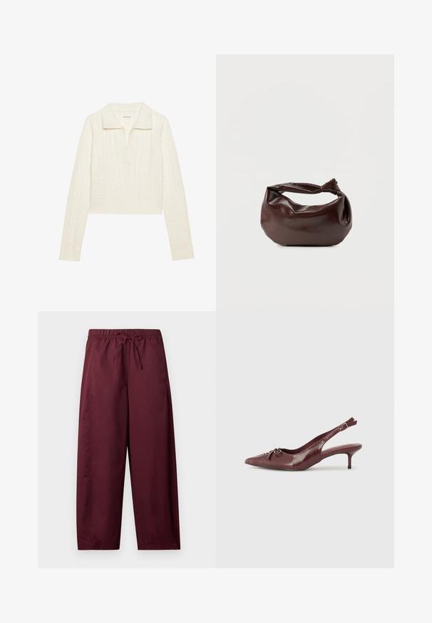 Afskåret sweater i creme, med et kabelstrikket mønster, bred krave og ribbede manchetter. Lavet af blødt, tekstureret stof.; Løse vinrøde bukser med elastisk taljebånd og snøre, lige ben, ingen synlige lommer eller mønstre.; Bordeaux læder slingback hæl med spidse tå, justerbar rem og dekorativ sløjfedetalje foran. 7,5 cm hælhøjde.; Mørkebrun læder skuldertaske med en blød, afslappet form og et snoet knudehåndtag på en ensartet hvid baggrund.