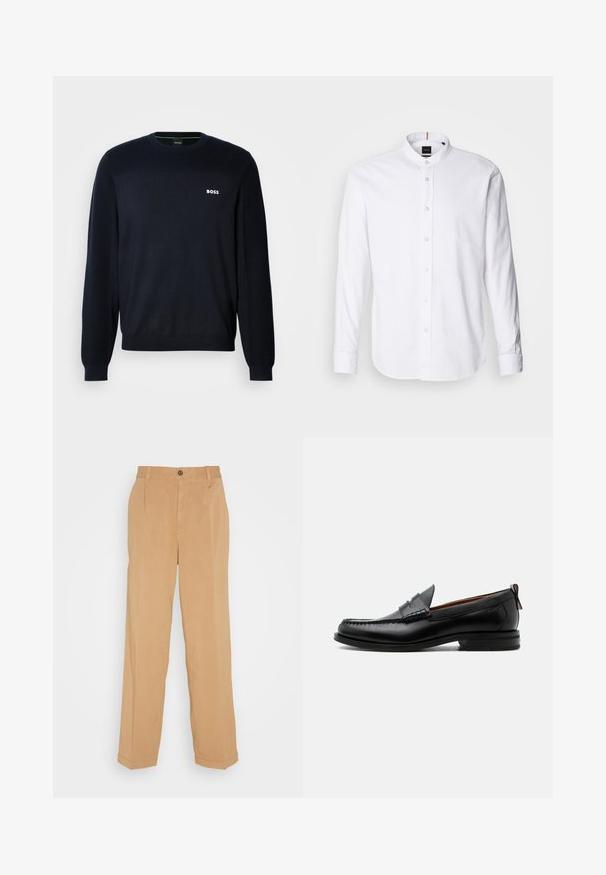 Pull en maille bleu marine à manches longues avec col rond, équipé de poignets et d'un ourlet côtelés, arborant un petit logo blanc "BOSS" sur la poitrine gauche.; Chemise blanche à manches longues avec col bande, boutonnière à l'avant et ourlet arrondi. Fabriquée en coton, elle présente une texture lisse et un léger éclat.; Pantalons larges beiges en tissu doux, dotés de deux poches avant, d'une fermeture à bouton et de plis le long des jambes.; Mocassin homme en cuir noir avec couture moc toe, bride penny, col texturé et petit talon empilé sur fond blanc.
