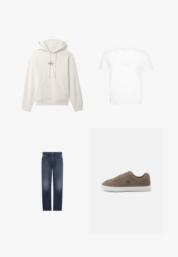 Sweat à capuche blanc avec poche avant et cordons, avec un petit logo Calvin Klein au centre de la poitrine.; T-shirt blanc à manches courtes et col rond avec un petit logo "ck" brodé sur la poitrine gauche.; Jean bleu foncé à coupe droite avec un léger délavage sur les cuisses et des plis près des poches avant, avec bouton frontal et passants de ceinture.; Baskets basses en daim taupe avec lacets beiges, semelle en caoutchouc blanche et logo subtil "cK" sur le côté.