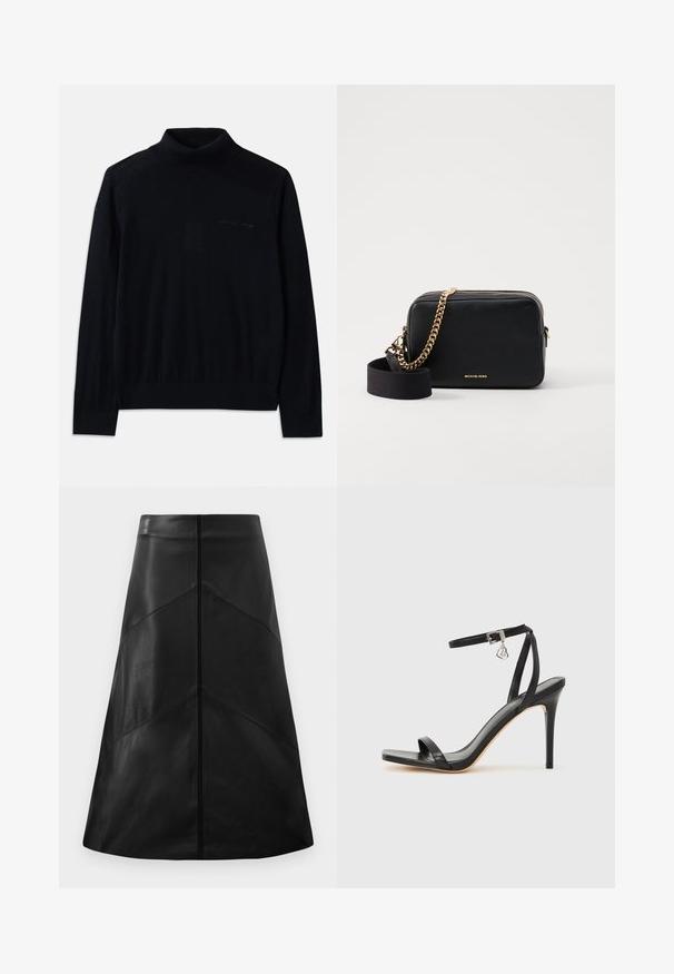 Suéter negro de cuello alto hecho de tela suave, con mangas largas y un sutil logotipo bordado en la parte delantera. Diseño simple con dobladillos acanalados.; Falda negra de cuero en línea A con una textura suave, que presenta patrones de costura geométricos y un cierre oculto en la parte posterior.; Sandalia de tacón alto negra con una estrecha correa en el tobillo, punta cuadrada, material de cuero liso y detalle de hebilla metálica.; Bolso bandolera de cuero negro con acentos de cadena dorada, cierre de cremallera y una correa de tela desmontable. Logo de Michael Kors en la parte frontal.