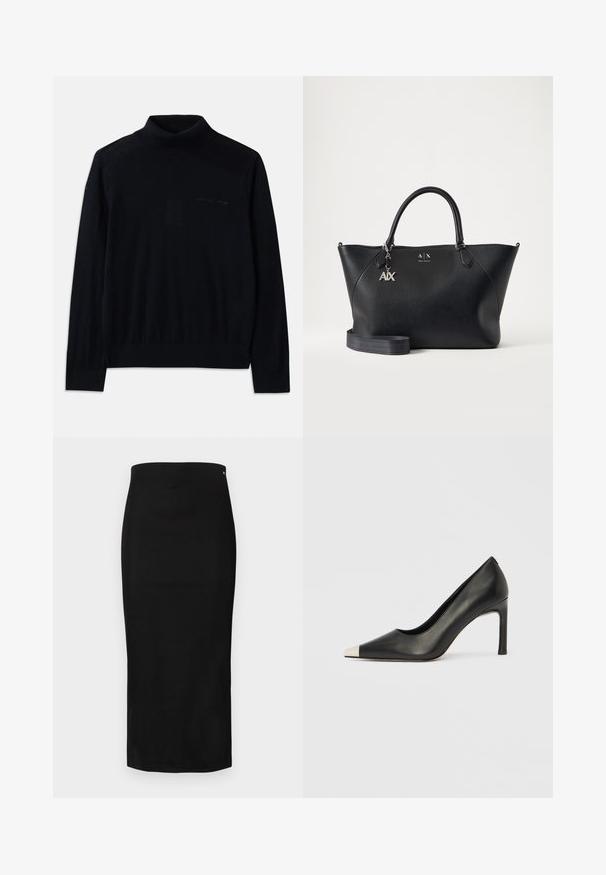 Suéter negro de cuello alto hecho de tela suave, con mangas largas y un sutil logotipo bordado en la parte delantera. Diseño simple con dobladillos acanalados.; Falda lápiz negra de tela lisa, con silueta ajustada, diseño hasta la rodilla y un pequeño logo de la marca cerca de la cintura.; Zapato de tacón alto de cuero negro con punta en forma de pico y una tapa metálica plateada. Presenta un acabado suave y un tacón delgado de 10 cm.; Bolso de mano de cuero negro de Armani Exchange con dos asas, colgante plateado A|X y correa de hombro desmontable sobre un fondo claro y liso.