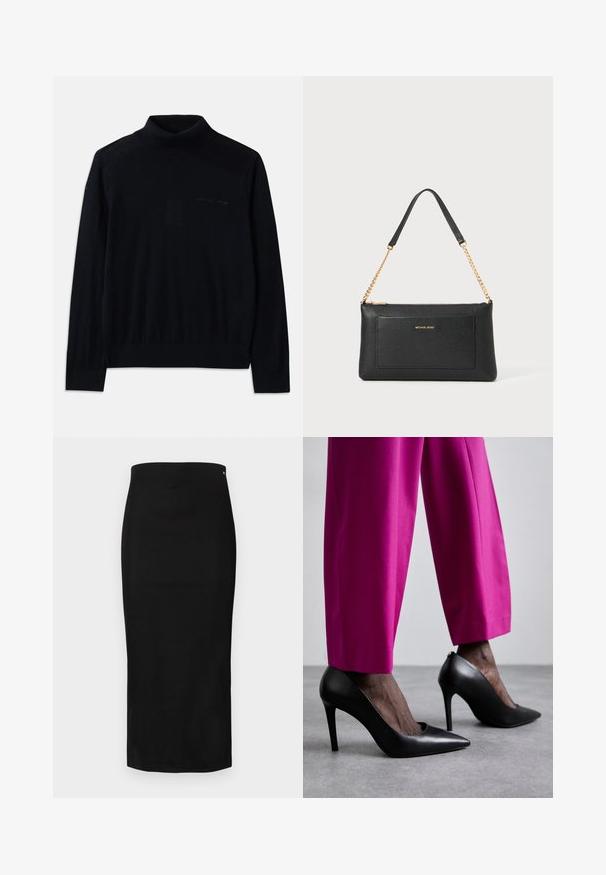 Suéter negro de cuello alto hecho de tela suave, con mangas largas y un sutil logotipo bordado en la parte delantera. Diseño simple con dobladillos acanalados.; Falda lápiz negra de tela lisa, con silueta ajustada, diseño hasta la rodilla y un pequeño logo de la marca cerca de la cintura.; Zapatos de tacón alto negros con un diseño de punta afilada y textura de cuero suave. Combinados con pantalones ajustados de un brillante color rosa.; Clutch de cuero negro con textura de guijarro, correa de cadena dorada y un bolsillo frontal. Presenta un logo dorado en la parte delantera.