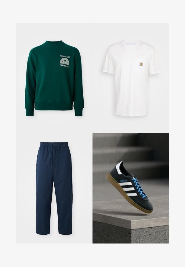 Groene trui met een hoge hals, geribbelde manchetten en een logo met de tekst "Ellesse 1959" en "Club di Corsa" aan de voorkant.; Witte katoenen t-shirt met korte mouwen, een borstzak en een klein vierkant logo-opdruk in oranje en wit op de zak.; Navy blauwe broek van soepel materiaal, met een elastische tailleband en een knoop, rechte pijpen en zonder zichtbare patronen of accessoires.; Zwarte Adidas-sneaker met witte strepen, blauwe veters en een gumzool die boven een grijze betonnen trede zweeft in zacht licht.