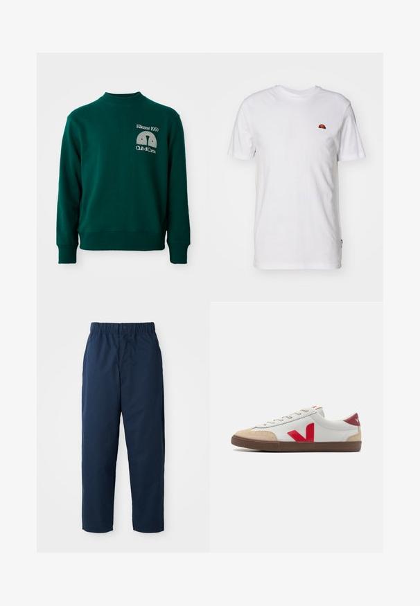 Groene trui met een hoge hals, geribbelde manchetten en een logo met de tekst "Ellesse 1959" en "Club di Corsa" aan de voorkant.; Eenvoudig wit T-shirt met korte mouwen met een klein rood-oranje halve cirkel logo op het bovenste linkerborstgedeelte.; Navy blauwe broek van soepel materiaal, met een elastische tailleband en een knoop, rechte pijpen en zonder zichtbare patronen of accessoires.; Witte leren sneaker met rood V-logo, beige suède neusstuk en bruine rubberen zool. Heeft een klassiek vetersysteem en een gevoerd kraagje.