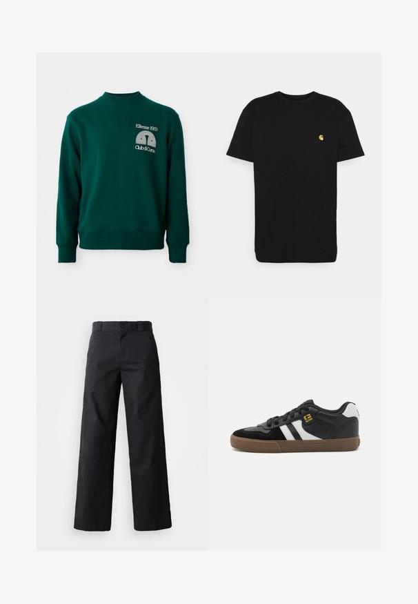 Groene trui met een hoge hals, geribbelde manchetten en een logo met de tekst "Ellesse 1959" en "Club di Corsa" aan de voorkant.; Zwarte katoenen t-shirt met korte mouwen, ronde hals en een klein geel logo op de linker borst. Eenvoudig ontwerp en normale pasvorm.; Zwarte wijde broek van katoen. Voorzien van een knoopsluiting, riemlussen en zijzakken. Gladde textuur met een op maat gemaakte snit.; Zwart-witte sneakers met een bovenwerk van suède en leer, voorzien van witte strepen, zwarte veters en een bruine rubberen zool. Gouden logo-accenten.