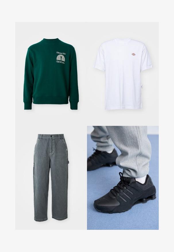 Groene trui met een hoge hals, geribbelde manchetten en een logo met de tekst "Ellesse 1959" en "Club di Corsa" aan de voorkant.; Witte katoenen t-shirt met een v-hals en korte mouwen. Kenmerkt zich door een klein kleurrijk geborduurd logo op de linkerkant van de borst. Zachte textuur.; Donkergrijze rechte werkbroek met riemlussen, een voorste knoop en rits, zijzakken en een hamerlus op het rechterbeen.; Persoon in zwarte Nike Shox sneakers en een grijze joggingbroek staand op een lichtblauw tapijt.