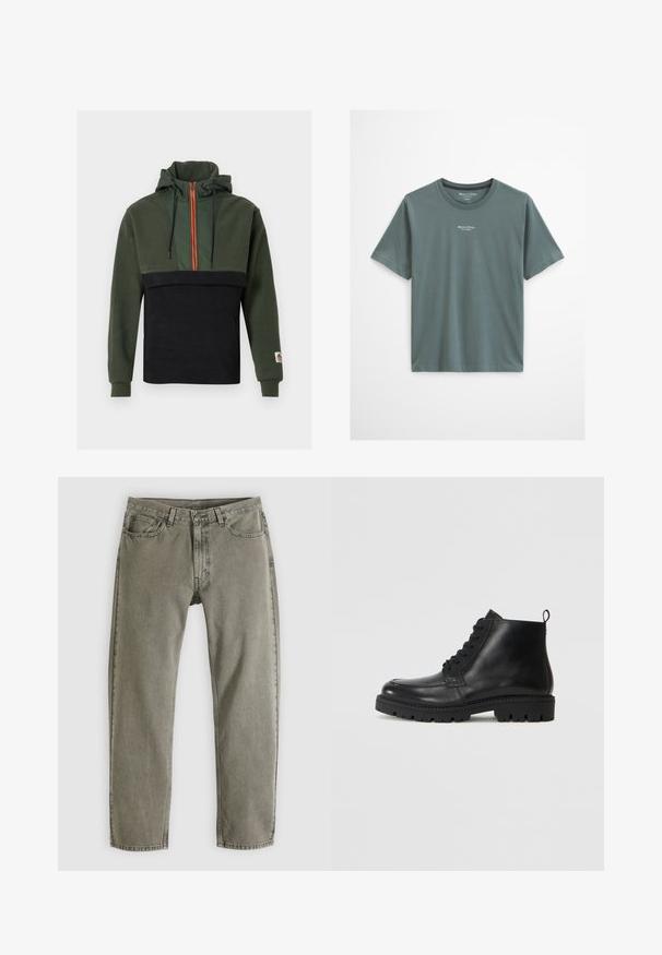 Sweat à capuche en molleton doux, avec une partie supérieure vert foncé et une partie inférieure noire, zippé orange et cordons ajustables.; T-shirt uni vert pâle à col rond et manches courtes, avec petit logo blanc "Marc O’Polo" et texte centré sous l'encolure.; Jean denim gris coupe droite avec poches avant et arrière, passants pour ceinture et fermeture à bouton, étalé à plat sur un fond blanc.; Bottines en cuir noir à bout rond, avec des lacets à l'avant et une semelle en caoutchouc texturée. Comprend une languette à l'arrière pour un enfilage facile.