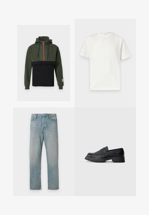 Sweat à capuche en molleton doux, avec une partie supérieure vert foncé et une partie inférieure noire, zippé orange et cordons ajustables.; T-shirt blanc uni à manches courtes et col rond, présenté à plat sur un fond blanc avec une étiquette GAP visible à l'intérieur du col.; Jeans en denim bleu clair avec une coupe droite, présentant cinq poches classiques, une fermeture à bouton et un léger dégradé pour ajouter de la texture.; Mocassins en cuir noir avec un bout arrondi, présentant une sangle décorative et une semelle en caoutchouc épaisse avec de profonds crampons pour une meilleure adhérence.