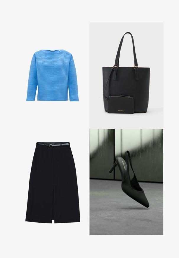 Blauwe langmouw top met een gestructureerd ribbelpatroon. Heeft een ronde halslijn en een losse pasvorm, gemaakt van een zachte stof.; Zwarte knie-lange rok met een vooraanstaande split, gemaakt van gladde stof. Heeft een dunne zwarte riem met een zilveren gesp en riemlussen.; Zwarte slingback hoge hak met spitse neus en enkelriempje, merk "ANNA FIELD", licht zwevend boven een grijs oppervlak.; Zwarte leren tote tas met twee handvatten en een bijpassend klein ritszakje eraan bevestigd, bedrukt met Anna Field in gouden letters.
