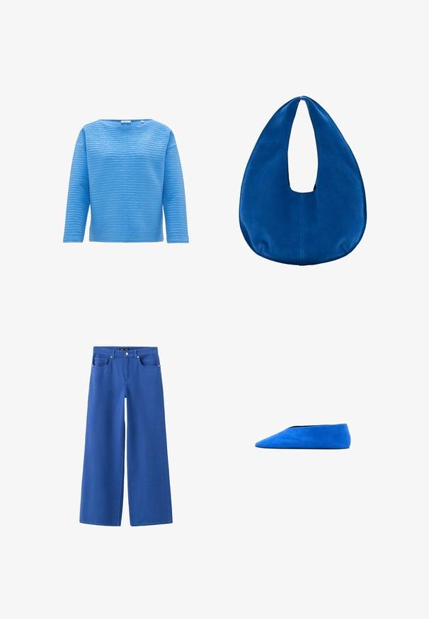 Blauwe langmouw top met een gestructureerd ribbelpatroon. Heeft een ronde halslijn en een losse pasvorm, gemaakt van een zachte stof.; Blauwe wijd uitlopende spijkerbroek met knoop en rits aan de voorkant, twee voorzakken en riemlussen op een witte achtergrond.; Blauwe suède platte schoen met spitse neus en lage profielzool, zijaanzicht op witte achtergrond.; Zachte blauwe stoffen hobo-handtas met een afgeronde, sikkelvormige vorm en een brede handvatopening bovenaan in het midden.