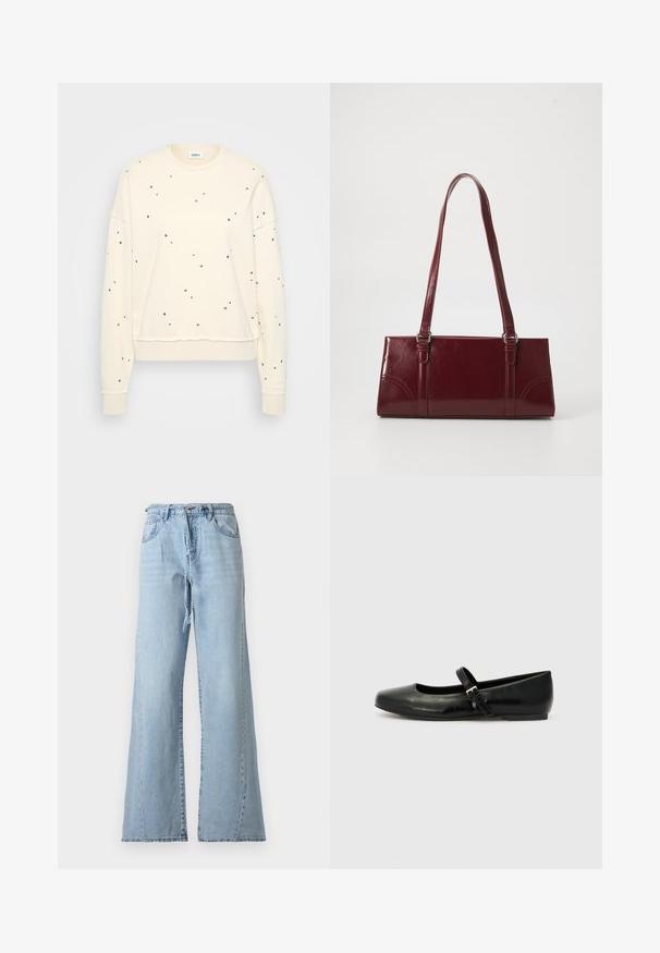 Cremefarbener Sweatshirt mit langen Ärmeln, verziert mit verstreuten metallic Nieten, gerippten Manschetten und einem runden Ausschnitt.; Hellblaue, hoch taillierte Jeans mit weitem Bein, Fronttaschen, Gürtelschlaufen, Reißverschluss und passendem Jeansgürtel.; Schwarze Leder-Ballerinas mit einer runden Spitze, einer flachen Sohle und einem dünnen, verstellbaren Riemen über dem Spann mit einer Metallschnalle.; Burgunderfarbene Handtasche aus glänzendem Material, rechteckige Form, mit zwei Schulterriemen und subtilen, geschwungenen Akzenten an der Vorderseite.