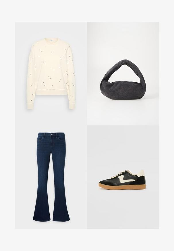 Cremefarbener Sweatshirt mit langen Ärmeln, verziert mit verstreuten metallic Nieten, gerippten Manschetten und einem runden Ausschnitt.; Dunkelblaue Denim-Jeans mit hoher Taille und ausgestellten Beinen, mit Vordertaschen, Gürtelschlaufen und Knopfverschluss.; Schwarze Wildleder- und Leder-Sneaker mit einem cremefarbenen Seiten-Swoosh und einer hellcremefarbenen Ferse. Ausgestattet mit beige Schnürsenkeln und einer Gummilaufsohle.; Dunkelgraue Stofftasche mit einem gebogenen Griff, weicher Textur und runder Form. Keine sichtbaren Beschläge oder Verzierungen.