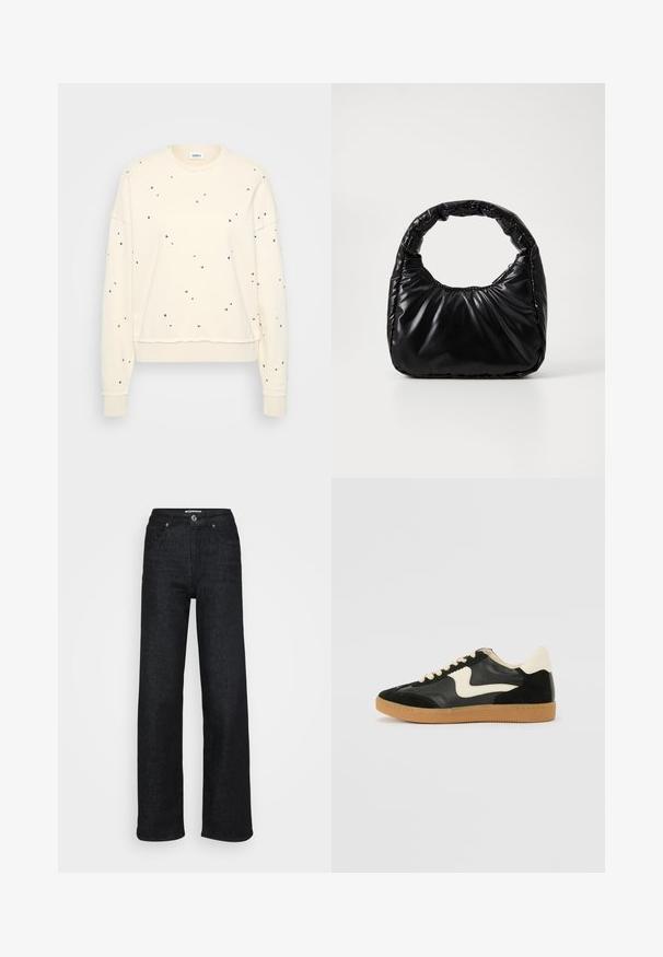 Cremefarbener Sweatshirt mit langen Ärmeln, verziert mit verstreuten metallic Nieten, gerippten Manschetten und einem runden Ausschnitt.; Weit geschnittene schwarze Denim-Jeans mit hoher Taille, mit einem Knopfverschluss vorne, fünf Taschen und einer glatten Textur.; Schwarze Wildleder- und Leder-Sneaker mit einem cremefarbenen Seiten-Swoosh und einer hellcremefarbenen Ferse. Ausgestattet mit beige Schnürsenkeln und einer Gummilaufsohle.; Schwarze gepolsterte Handtasche mit einem runden Griff, die eine glatte, glänzende Oberfläche und eine weiche, gestepfte Textur aufweist. Keine sichtbare Hardware oder Akzente.