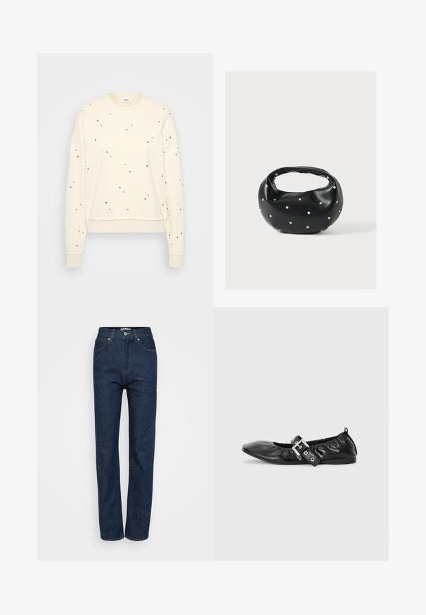 Cremefarbener Sweatshirt mit langen Ärmeln, verziert mit verstreuten metallic Nieten, gerippten Manschetten und einem runden Ausschnitt.; Dunkelblaue Jeans aus Denim mit geraden Beinen, die mit einem dezenten Glitzerelement, fünf Taschen und einem klassischen Knopfverschluss ausgestattet sind.; Schwarze Leder-Ballerinas mit spitzem Zehenbereich, gerafften Details am Schaft und einem silbernen Schnallenakzent am verstellbaren Riemen.; Schwarze Lederhandtasche mit abgerundeter Form, verziert mit silbernen Nietenakzenten und kurzem Griff. Glatte Struktur und Reißverschlussverschluss.