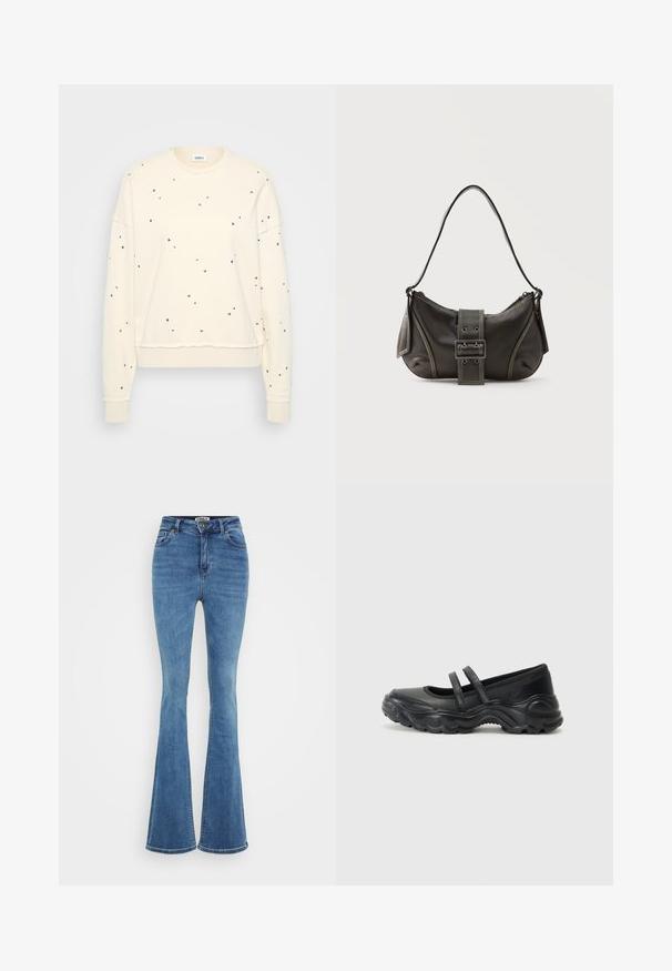 Cremefarbener Sweatshirt mit langen Ärmeln, verziert mit verstreuten metallic Nieten, gerippten Manschetten und einem runden Ausschnitt.; Hellblaue, ausgestellte Denim-Jeans mit fünf Taschen, einem vorderen Knopfverschluss und kontrastierenden Nähten. Der Stoff hat eine glatte Textur.; Schwarze Leder-Mary-Jane-Schuhe mit zwei verstellbaren Riemen, einer abgerundeten Zehenpartie und einer strukturierten Gummisohle für zusätzlichen Grip.; Schwarze Leder-Schultertasche mit Schnallengurt-Detail, abgerundeten Kanten und kontrastierenden weißen Nähten auf schlichtem Hintergrund.