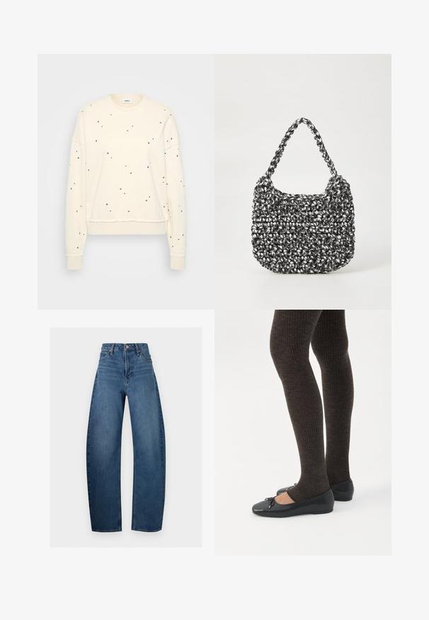 Cremefarbener Sweatshirt mit langen Ärmeln, verziert mit verstreuten metallic Nieten, gerippten Manschetten und einem runden Ausschnitt.; Blaue Jeans mit hoher Taille und geradem Bein, vorne mit Taschen, Knopfverschluss und klassischer Denim-Naht auf einem einfarbigen Hintergrund.; Beine in dunklen, gerippten Leggings kombiniert mit schwarzen Ballerinas mit kleinen Schleifendetails auf weißem Hintergrund.; Gewebte Handtasche in Schwarz und Weiß mit runder Form, strukturiertem Oberflächenfinish und geflochtener Grifffläche. Geeignet für den lässigen Gebrauch.