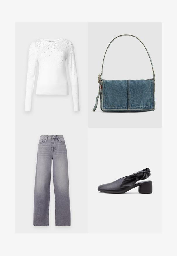 ONLY Knitted ONLSOLITA Knitted - Striktrøje - cloud dancer; Højtaljede, vide jeans i lysegrå denim. Har et klassisk fem-lomme design, diskret fading og en metalknaplukning.; Sort læder slingback-sko med rundet tå, detaljer med knyttet rem og lav blokhæl på hvid baggrund.; Denim skuldertaske med fold-over design, lys blå farve, synlige sømme, justerbar rem og en sidelabel-detalje.