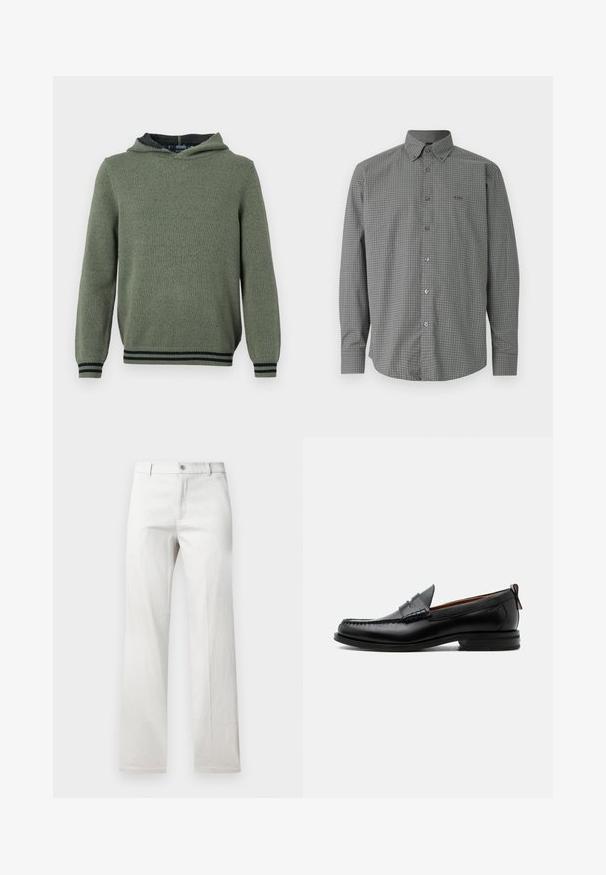 OLYMP Level Five HOODIE - Pullover - grey green; Chemise grise à manches longues avec boutonnière, motif à fines mailles blanches et col, avec logo BOSS brodé sur la poitrine gauche.; Pantalon gris clair avec une coupe droite, fabriqué dans un tissu lisse, doté d'une fermeture à bouton à l'avant et de poches latérales.; Mocassin homme en cuir noir avec couture moc toe, bride penny, col texturé et petit talon empilé sur fond blanc.