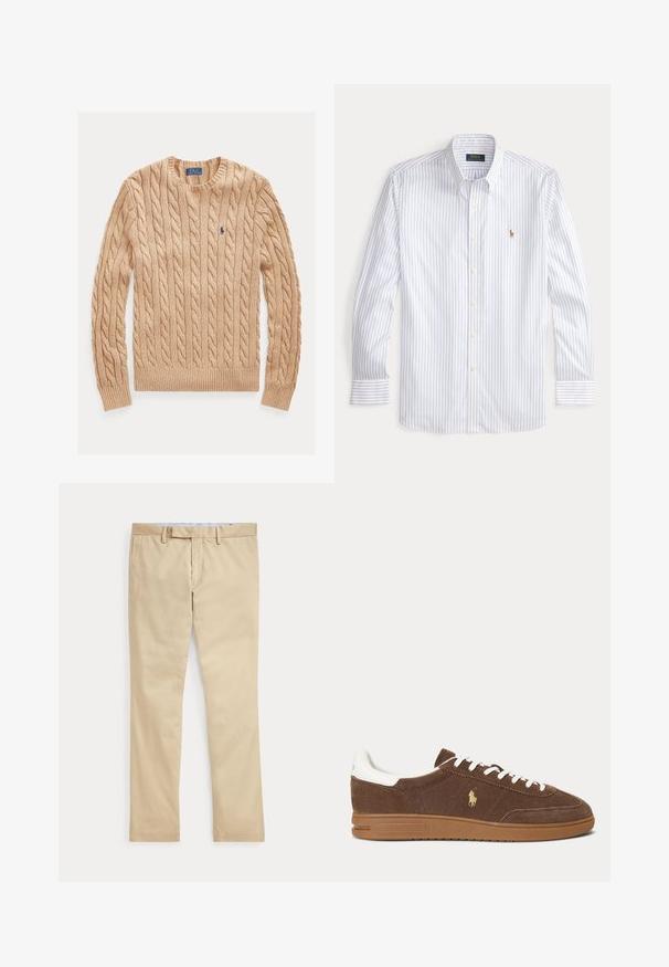 Jersey beige de punto trenzado con cuello redondo, mangas largas y pequeño logo azul de Polo Ralph Lauren en el pecho izquierdo.; Camisa de vestir con botones en blanco con rayas azules, con cuello clásico, mangas largas y un pequeño logo bordado en el pecho.; Pantalones beige de corte recto con trabillas para cinturón y cremallera frontal, colocados planos sobre un fondo blanco.; Zapatilla de ante marrón con cordones y talón blancos, suela de goma y logo dorado del caballo de Ralph Lauren en el lateral.