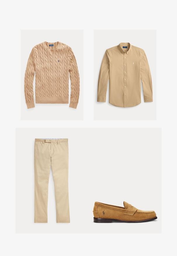 Beige kabelgebreide trui met ronde hals, lange mouwen en klein blauw Polo Ralph Lauren-logo op de linkerborst.; Beige overhemd met lange mouwen, knopen aan de voorkant, kraag en klein geborduurd logo op de linkerborst.; Beige broek met rechte pijpen, ceintuurlussen en een voorrits, plat gelegd tegen een witte achtergrond.; Tan suède loafer met gestikte details en een klein geborduurd paardenlogo aan de zijkant, met een lage houten hak en instapmodel.