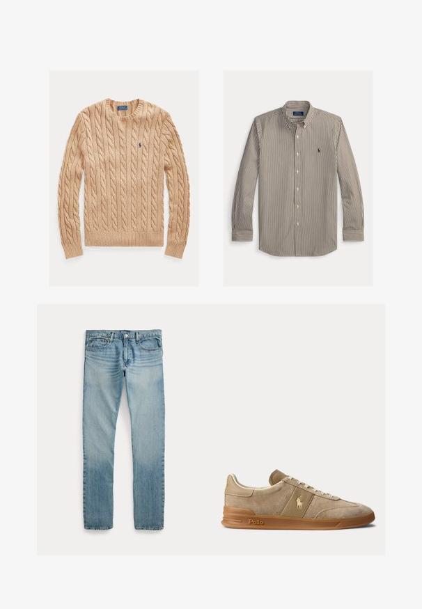 Béžový sveter s okrúhlym výstrihom, dlhými rukávmi a malým modrým logom Polo Ralph Lauren na ľavej strane hrude.; Košeľa s dlhým rukávom na gombíky s vertikálnymi hnedými a bielymi pruhmi, golier na gombíky a logo Polo Ralph Lauren na ľavej strane hrudníka.; Svetlomodré rifle s rovným strihom, piatimi vreckami, zapínaním na gombíky a jemnými vyblednutými detailmi okolo stehien a kolien.; Béžové nízke tenisky z brúseného semišu a kože s gumovou podrážkou, bielymi šnúrkami a logom Polo na boku a na podrážke.