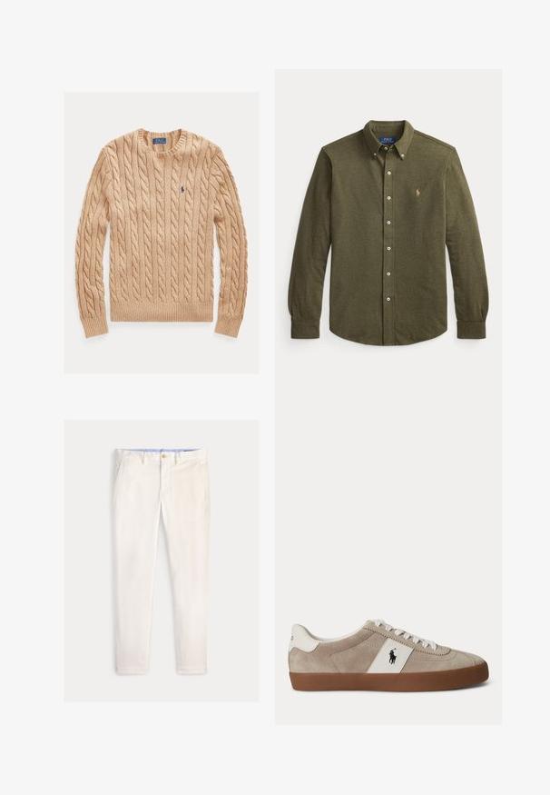 Jersey beige de punto trenzado con cuello redondo, mangas largas y pequeño logo azul de Polo Ralph Lauren en el pecho izquierdo.; Camisa de manga larga verde oliva con botones, cuello y pequeño logo bordado en el pecho izquierdo.; Pantalones ajustados para hombre en color blanco roto con bolsillos delanteros, trabillas para cinturón y cierre de botón sobre un fondo liso.; Zapatilla beige de ante con corte bajo, cordones blancos, detalle de piel blanca con logo de caballo negro y suela de goma marrón.