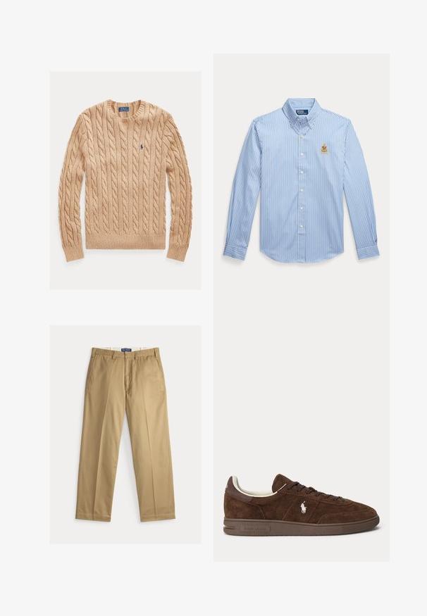Béžový sveter s okrúhlym výstrihom, dlhými rukávmi a malým modrým logom Polo Ralph Lauren na ľavej strane hrude.; Modro-biela košeľa s dlhým rukávom s vertikálnymi pruhmi, gombíkmi, golierom a malým vyšitým erbom na ľavej strane hrudníka.; Béžové chino nohavice z bavlnenej tkaniny. Strih s rovnými nohavicami, s hladkým predným dielom, dvomi bočnými vreckami a pásom so zapínaním na gombík.; Hnedé nízke tenisky z brúseného semiačka s tmavo hnedou podrážkou, šnúrkami a bielym vyšívaným logom Polo na boku.