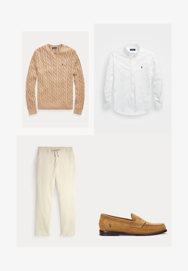 Beige-värinen palmikkoneulepaita pyöreällä kauluksella, pitkät hihat ja pieni sininen Polo Ralph Lauren -logo vasemmassa rinnassa.; Valkoinen napillinen paita, joka on valmistettu puuvillasta. Sisältää terävän kauluksen, pitkät hihat ja pienen tummansinisen logon rinnassa. Sileä pinta.; Valkoiset rento housut, joissa on joustava vyötärö ja nyörikiristys, suorat lahkeet ja sivutaskut yksinkertaista taustaa vasten.; Vaaleanruskea mokkasiini, jossa on ommellut yksityiskohdat ja pieni kirjailtu hevosen logo sivulla, matalalla puukorolla ja liukukengän muotoilu.