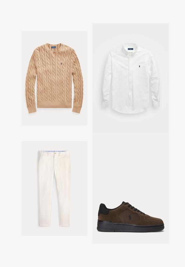 Béžový sveter s okrúhlym výstrihom, dlhými rukávmi a malým modrým logom Polo Ralph Lauren na ľavej strane hrude.; Biela košeľa na gombíky vyrobená z bavlny. Má špicatý golier, dlhé rukávy a malú námornícku nášivku na hrudi. Hladká textúra.; Pánske štíhle nohavice slonovinovej farby s prednými vreckami, pútkami na opasok a zapínaním na gombík na jednofarebnom pozadí.; Tmavohnedý nízky teniska s čiernou podrážkou, čiernymi šnúrkami a sieťovaným bočným panelom s malým čiernym logom.