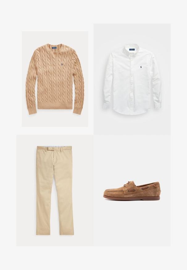 Jersey beige de punto trenzado con cuello redondo, mangas largas y pequeño logo azul de Polo Ralph Lauren en el pecho izquierdo.; Camisa blanca de botones hecha de algodón. Presenta un collar puntiagudo, mangas largas y un pequeño logo en color marino en el pecho. Textura suave.; Pantalones beige de corte recto con trabillas para cinturón y cremallera frontal, colocados planos sobre un fondo blanco.; Mocasín de ante marrón con detalles de cordón de cuero, puntera cosida y suela plana de goma, mostrado de lado sobre un fondo claro.