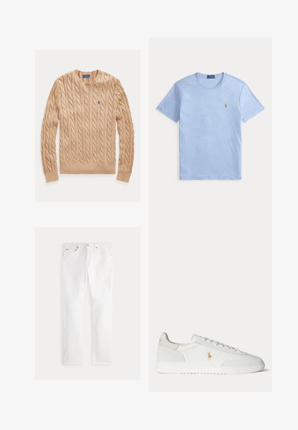 Beige-värinen palmikkoneulepaita pyöreällä kauluksella, pitkät hihat ja pieni sininen Polo Ralph Lauren -logo vasemmassa rinnassa.; Vaaleansininen lyhythihainen t-paita, jossa on pyöreä kaula-aukko ja pieni brodeerattu polo-pelaajan logo vasemmassa rinnassa sekä Polo Ralph Lauren -merk intialaiseen kauluksessa.; Valkoiset farkut suoralla lahkeen leikkauksella, joissa on viisi taskua, kupariset metalliosat ja hienovaraiset ompeludetaljit. Sileä rakenne ja siisti viimeistely.; Valkoinen matala kenkäinen tennari nyörityksellä, kultainen Polo Ralph Lauren -logo sivulla ja kuvioitu pohja tasaisella taustalla.
