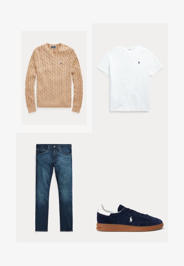 Beiger, kabelgestrickter Rundhalspullover mit langen Ärmeln und kleinem blauem Polo Ralph Lauren-Logo auf der linken Brust.; Weißes Baumwoll-T-Shirt mit kurzen Ärmeln, Rundhalsausschnitt und kleinem navy Logo auf der linken Brust. Glatte Textur und klassischer Schnitt.; Dunkelblaue Slim-Fit-Jeans mit vorderem Knopf und Reißverschluss, fünf Taschen sowie dezenter Verfärbung an den vorderen Oberschenkeln und Knien.; Marineblaue Wildleder-Sneaker mit weißem Fersenlasche, besticktem Logo an der Seite, brauner Gummisohle und schwarzen Schnürsenkeln.