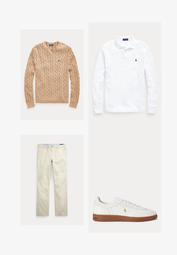 Béžový sveter s okrúhlym výstrihom, dlhými rukávmi a malým modrým logom Polo Ralph Lauren na ľavej strane hrude.; Biela polo košeľa s dlhým rukávom, golierom, dvojgombíkovou légou a malým tmavomodrým vyšitým logom koňa na ľavej hrudi.; Béžové bavlnené nohavice s rovnými nohavicami, opaskové pútká, predné zapínanie na gombík, zips a bočné vrecká.; Biele nízke tenisky s hnedou podrážkou, šnurovaním vpredu a malým zlatým logom Polo Ralph Lauren na boku.