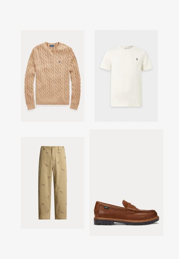 Jersey beige de punto trenzado con cuello redondo, mangas largas y pequeño logo azul de Polo Ralph Lauren en el pecho izquierdo.; Camiseta blanca de manga corta con cuello redondo y pequeño logo oscuro de un caballo y jinete en el pecho izquierdo.; Pantalones de pana beige con diseños bordados de perros, corte recto y estilo de cinco bolsillos con cierre de botón frontal.; Mocasín de cuero marrón con detalles cosidos, suela negra resistente y pequeña etiqueta "Polo" en el lateral.