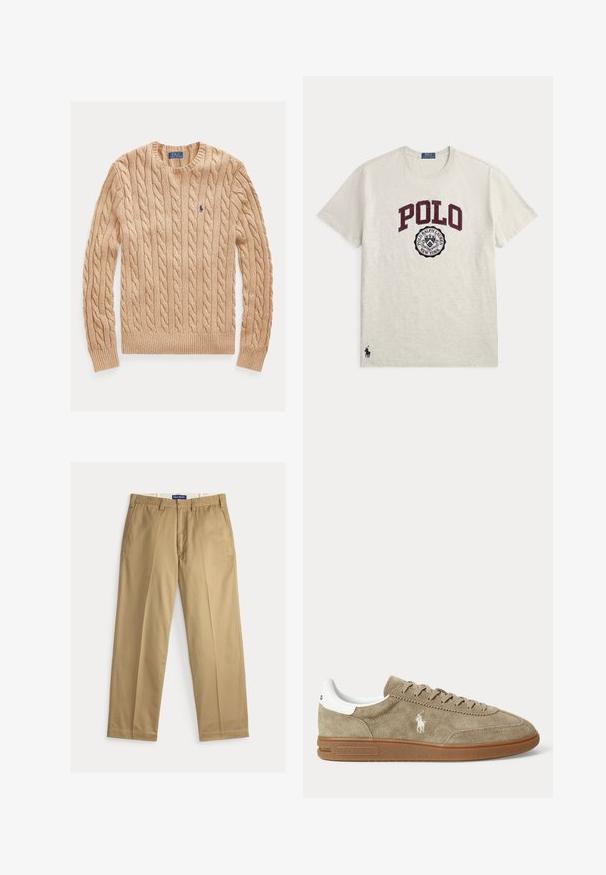 Béžový sveter s okrúhlym výstrihom, dlhými rukávmi a malým modrým logom Polo Ralph Lauren na ľavej strane hrude.; Svetlošedé tričko s krátkym rukávom a okrúhlym výstrihom s "POLO" vo veľkých bordových písmenách a kruhovou emblémou Polo Ralph Lauren New York pod ním.; Béžové chino nohavice z bavlnenej tkaniny. Strih s rovnými nohavicami, s hladkým predným dielom, dvomi bočnými vreckami a pásom so zapínaním na gombík.; Nízkoprofilová béžová semišová teniska s hnedou podrážkou, bielym detailom na päte, šnúrkami a bielym vyšívaným logom hráča póla na boku.