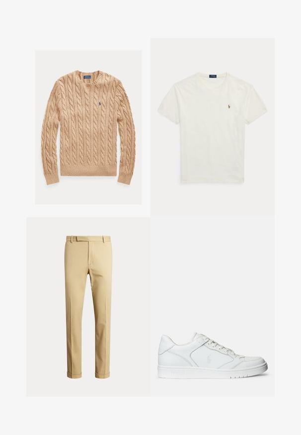 Jersey beige de punto trenzado con cuello redondo, mangas largas y pequeño logo azul de Polo Ralph Lauren en el pecho izquierdo.; Camiseta blanca de algodón de manga corta con cuello redondo, pequeño logo bordado de Polo Ralph Lauren en el pecho izquierdo.; Pantalones beige de pierna recta con trabillas para cinturón, cremallera frontal y bajos con vuelta, mostrados sobre un fondo claro y liso.; Zapatilla de cuero blanca con textura suave, que presenta una puntera perforada, cierre de cordones y logo bordado en el lateral. Suela de goma blanca.