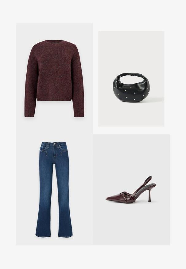 Pull en tricot bordeaux avec col rond, manches longues et ourlet côtelé. Texture douce avec des variations de couleur subtiles pour plus de profondeur.; Jean en denim bleu foncé à taille haute, bouton et fermeture éclair devant, jambes évasées.; Escarpin slingback en cuir verni bordeaux avec bout pointu, fine bride à la cheville et petit détail décoratif de boucle. Texture lisse et talon haut.; Sac à main en cuir noir de forme arrondie, décoré de clous argentés et équipé d'une poignée courte. Texture lisse et fermeture éclair.