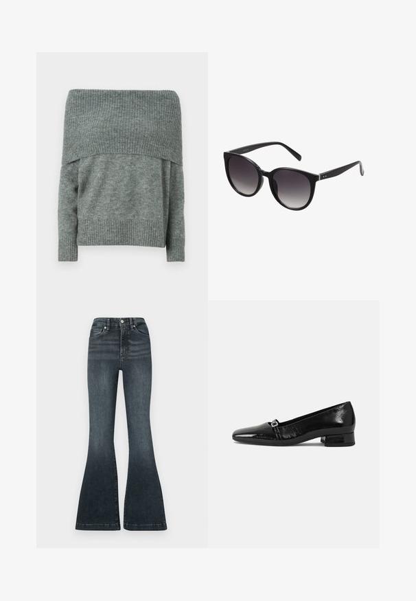 Pull à épaule dénudée en tricot gris chiné, avec une texture côtelée au niveau de l'encolure et des poignets, offrant une coupe décontractée et des manches longues.; Good American ALWAYS FITS GOOD LEGS FLARE TROUSER - Jean flare - indigo; Ballet flats en cuir verni noir avec un bout pointu, un petit talon carré et un détail de boucle métallique sur la sangle. Texture lisse.; Lunettes de soleil noires en forme de cat-eye avec des verres dégradés, monture en plastique, texture lisse et détails en argent sur les branches.
