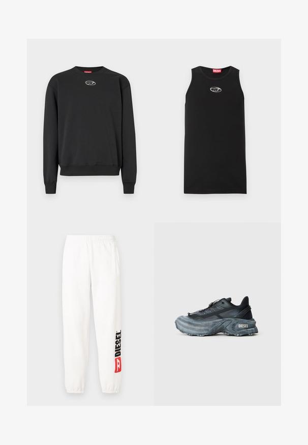 Sweatshirt noir en tissu doux, avec un col rond, des manches longues, des poignets côtelés, et un petit logo au centre. Design simple.; Débardeur noir sans manches en coton. Présente un col rond et un petit logo Diesel blanc sur la poitrine. Texture lisse.; Pantalon de survêtement blanc en coton avec une ceinture élastique. La jambe gauche présente un logo "DIESEL" noir et rouge. Chevilles élastiquées. Texture lisse.; Baskets Diesel noires et grises avec semelle épaisse, système de laçage à bascule et design texturé sur fond gris clair uni.