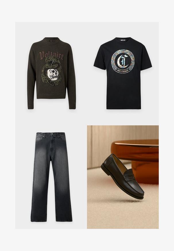 Pull vert foncé avec un graphisme de serpent enroulé autour d'un crâne et le mot « Voltaire » au-dessus du dessin.; T-shirt noir à manches courtes avec un serpent coloré formant un cercle autour d'un "J" stylisé et le texte "Just Cavalli" en dessous.; Jean noir délavé à jambe droite, avec poches avant, passants pour ceinture, fermeture éclair et petit logo brodé sur la poche droite.; Chaussure mocassin en cuir noir suspendue au-dessus d’un tapis beige avec du mobilier moderne couleur ambre en arrière-plan.