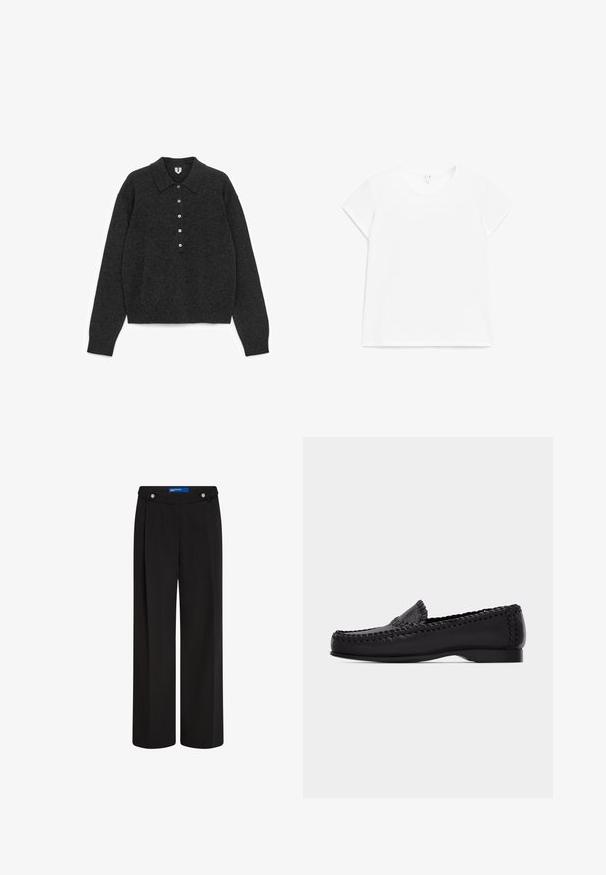 Pull en maille à manches longues de couleur gris foncé, avec col et patte de boutonnage à cinq boutons, finitions côtelées aux poignets et à l'ourlet, posé à plat sur un fond blanc.; T-shirt blanc à manches courtes avec col rond et coupe régulière, présenté à plat sur un fond blanc.; Pantalons larges noirs en tissu lisse. Présentent deux boutons à l'avant et une taille haute avec une coupe ajustée pour plus de structure.; Mocassin en cuir noir avec couture tissée le long des bords et petit talon, présenté de profil sur un fond clair uni.