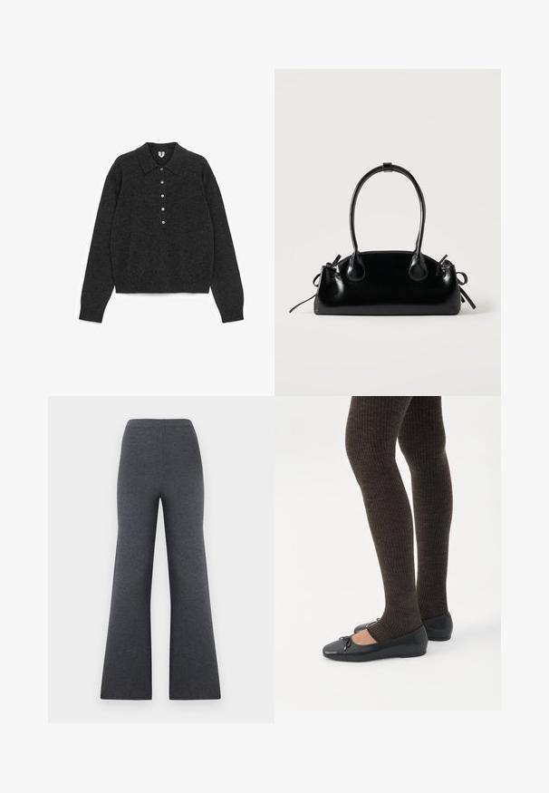 Pull en maille à manches longues de couleur gris foncé, avec col et patte de boutonnage à cinq boutons, finitions côtelées aux poignets et à l'ourlet, posé à plat sur un fond blanc.; Pantalon en maille gris foncé taille haute à jambes larges, avec une texture lisse, présenté sur un fond blanc.; Jambes portant des leggings côtelés foncés associés à des ballerines noires avec de petits détails en nœud sur fond blanc.; Petit sac à main noir brillant avec deux longues anses et des détails à cordon sur les côtés sur un fond clair uni.