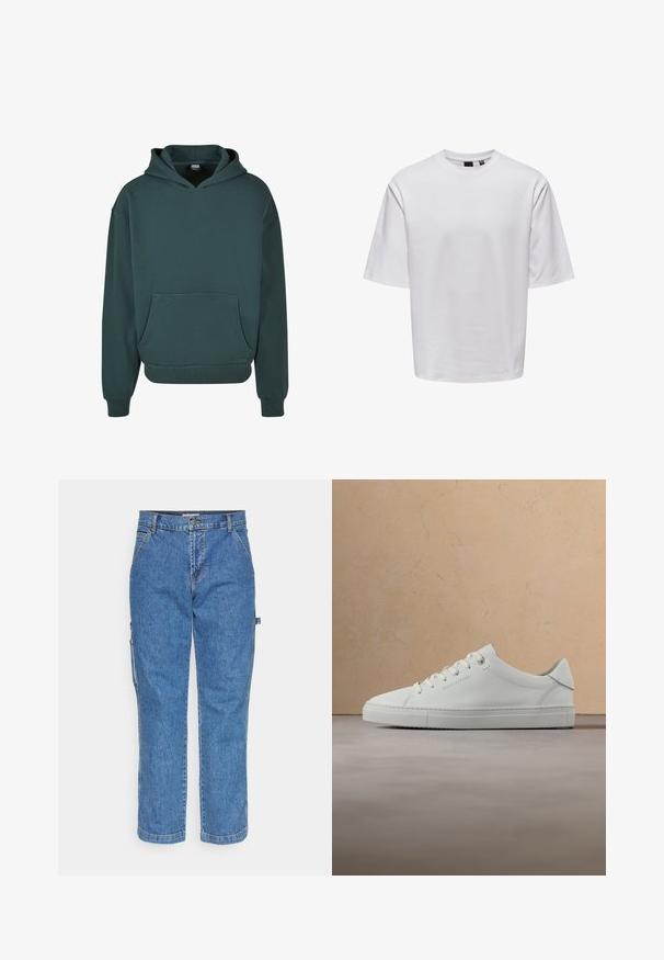 Grüne Kapuzenjacke aus weichem Material, mit einer Kängurutasche, entspannter Passform, gerippten Bündchen und Saum sowie einer doppellagigen Kapuze.; Weißes kurzärmeliges T-Shirt aus glattem Baumwollstoff, mit Rundhalsausschnitt und lockerem Schnitt, ausgestattet mit dezenten Nahtdetails.; Blaue Denim-Cargohosen mit gerader Beinform, Knopfverschluss und Seitentaschen. Der Stoff weist ein klassisches, strukturiertes Gewebe auf.; Weißer Leder-Sneaker mit niedrigem Schaft und Schnürsenkeln, schwebend über einem strukturierten beigen Teppich, nahe einem runden Couchtisch aus Holz mit Büchern.