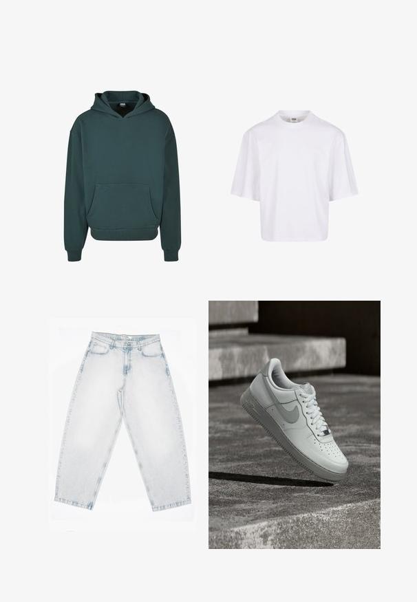 Grøn hættetrøje lavet af blødt stof, med en kengurulomme, afslappet pasform, ribbede håndled og kant, samt en dobbeltlaget hætte.; Hvid t-shirt med korte ærmer, der har en rund halsudskæring og en afslappet pasform, lavet af et glat bomuldsblandingsstof. Ingen mønstre eller udsmykninger.; Lyseblå denimjeans med høj talje, lige brede ben, knap- og lynlåslukning samt lommer foran og bagpå.; Hvid Nike Air Force 1 sneaker, der svæver over en tekstureret betongulv med stenetrin i baggrunden.