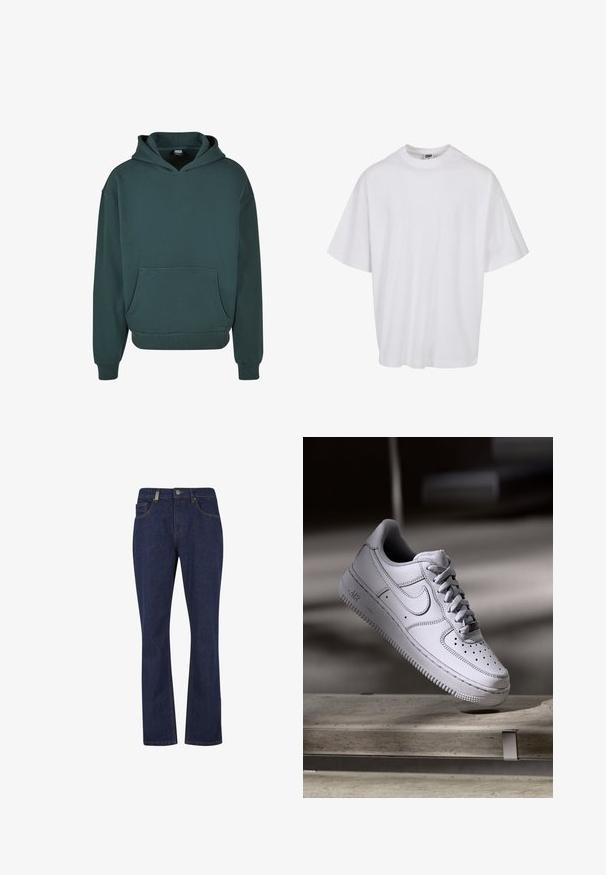 Grüne Kapuzenjacke aus weichem Material, mit einer Kängurutasche, entspannter Passform, gerippten Bündchen und Saum sowie einer doppellagigen Kapuze.; Weißes Baumwoll-T-Shirt mit Rundhalsausschnitt und kurzen Ärmeln, das eine lockere Passform und dezente Nähte aufweist.; Dunkelblaue Jeans mit geradem Bein, vorne mit Knopf und Reißverschluss, mit Vorder- und Gesäßtaschen und sichtbaren Nahtdetails.; Weißer Nike Air Force 1 Sneaker aus Leder mit perforierter Zehenpartie, flachen Schnürsenkeln und strukturierter Gummisohle mit "AIR"-Branding an der Seite.