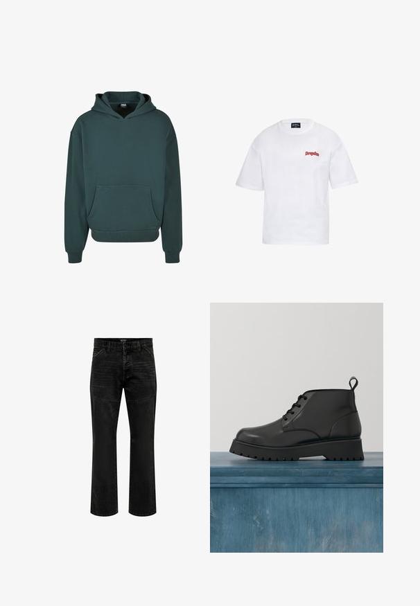 Grøn hættetrøje lavet af blødt stof, med en kengurulomme, afslappet pasform, ribbede håndled og kant, samt en dobbeltlaget hætte.; Hvid t-shirt med korte ærmer med lille rødt "Dropsize" logo på venstre bryst og sort mærke med "Dropsize large" inde i kraven.; Sorte denim jeans med lige ben-snit, prydet med let falmning, forlommer og syninger på lårene.; Sort læder ankelstøvle med en glansfuld overflade. Har en rund tå, snørebåndsdesign og en tyk, rillede sål for godt greb.